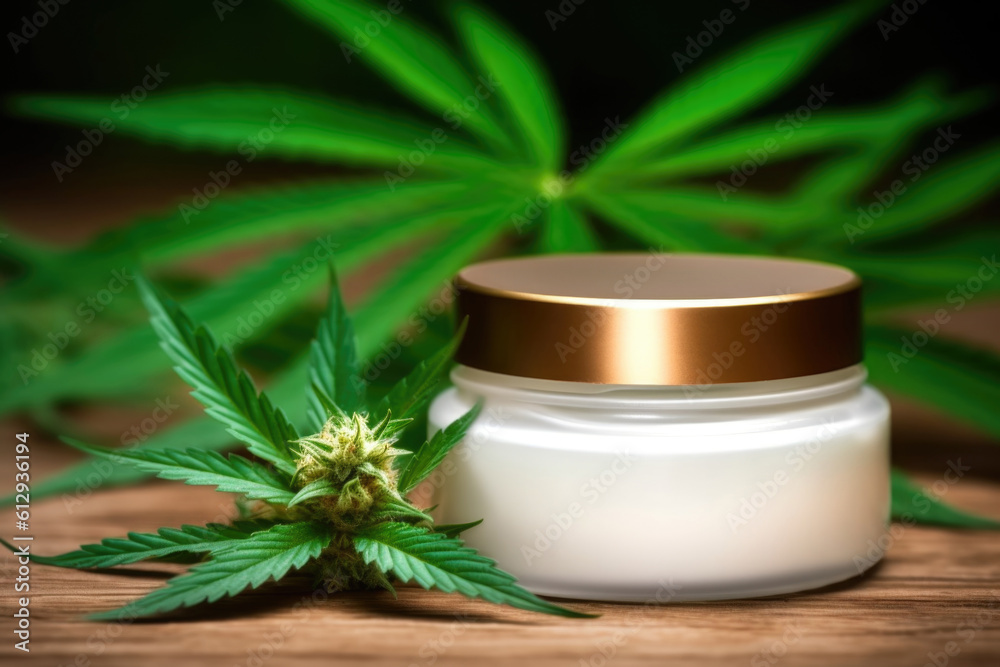 Cosmetics cannabis oil. Marijuana leaf with one cosmetic cream jar. AI generative Cosmetics cannabis oil. Marijuana leaf with one cosmetic cream jar. AI generative