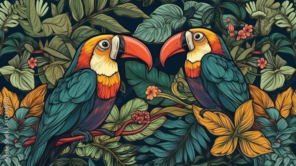 Tropical wallpaper background illustration with plants and birds. Generative AI