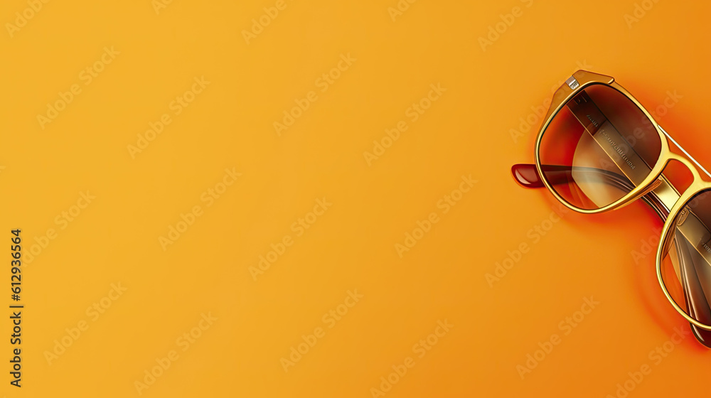 Creative layout made of sunglasses, flat lay on orange background. Summer concept. Sunglasses mockup as design element vacation and journeys top view. Generative AI