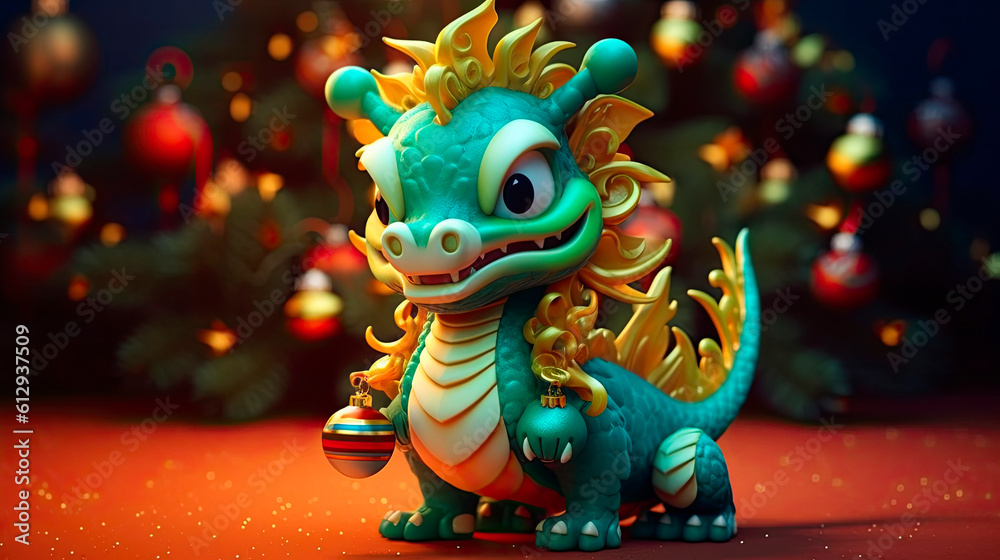 Chinese New Year of the Dragon 2024. New Year's poster with a cartoon 3d dragon on the background of a Christmas tree. Vector illustration of a dragon at the Christmas tree with toys. Generative ai