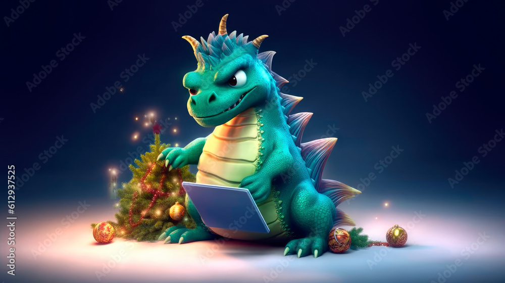 Chinese New Year of the Dragon 2024. New Year's poster with a cartoon 3d dragon on the background of a Christmas tree. Vector illustration of a dragon at the Christmas tree with toys. Generative ai Chinese New Year of the Dragon 2024. New Year's poster with a cartoon 3d dragon on the background of a Christmas tree. Vector illustration of a dragon at the Christmas tree with toys. Generative ai
