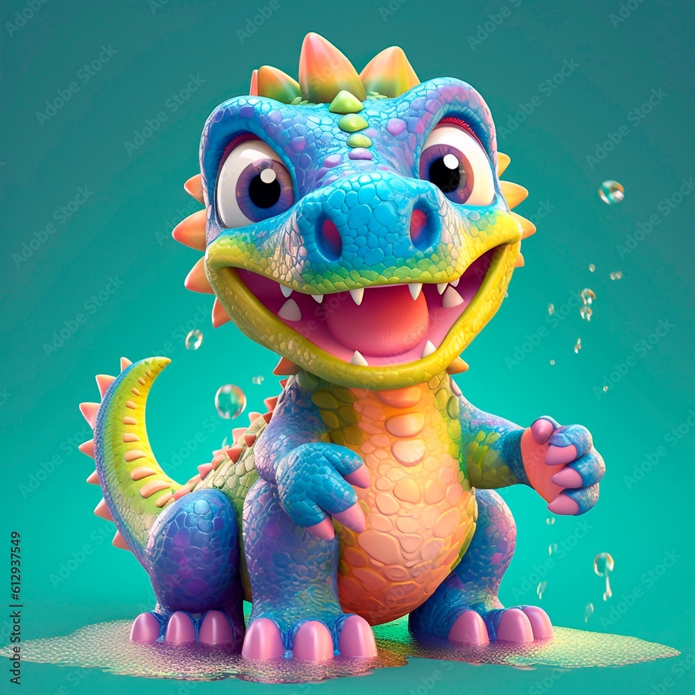 Naklejka premium Cartoon character dinosaur 3d illustration for children. Cute fairytale dinosaur print for clothes, stationery, books, merchandise. Toy Dinosaur 3D character banner, background.