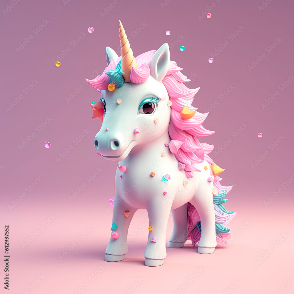 Magic fairy tale character unicorn 3d illustration for girls. Magic fairy tale unicorn print for clothes, stationery, books, goods. Toy Unicorn 3D character banner, background. Generative ai. Magic fairy tale character unicorn 3d illustration for girls. Magic fairy tale unicorn print for clothes, stationery, books, goods. Toy Unicorn 3D character banner, background. Generative ai.