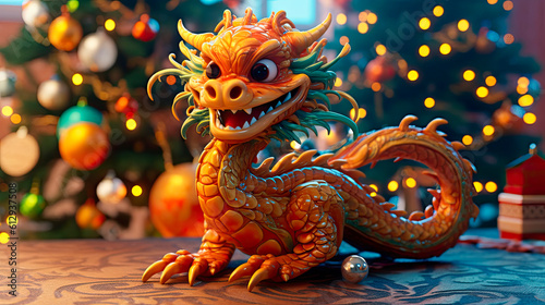 Chinese New Year of the Dragon 2024. New Year's poster with a cartoon 3d dragon on the background of a Christmas tree. Vector illustration of a dragon at the Christmas tree with toys. Generative ai © Nataly G