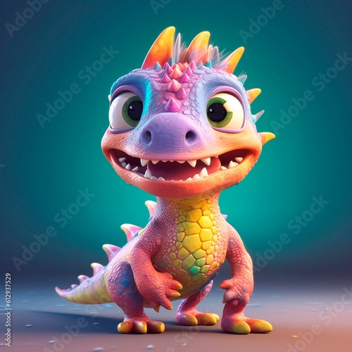 Cartoon character dinosaur 3d illustration for children. Cute fairytale dinosaur print for clothes, stationery, books, merchandise. Toy Dinosaur 3D character banner, background.