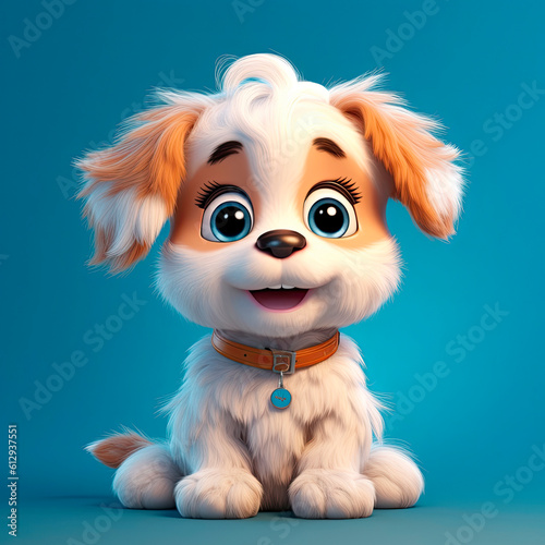 Cartoon character puppy 3d illustration for children. Cute fairytale dog print for clothes, stationery, books, merchandise. Toy puppy 3D character banner. Cartoon character 3d dog. Generative ai. photo