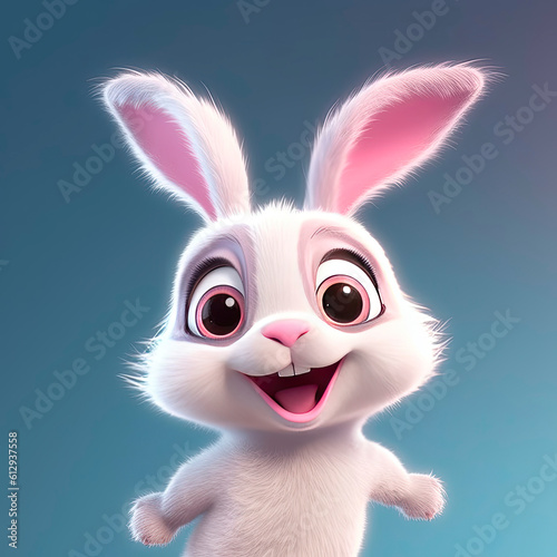 Cartoon bunny 3d illustration for children. Cute fairy print bunny for clothes, stationery, books, merchandise. Toy bunny 3D character banner, background. Cartoon character 3d bunny. Generative ai.