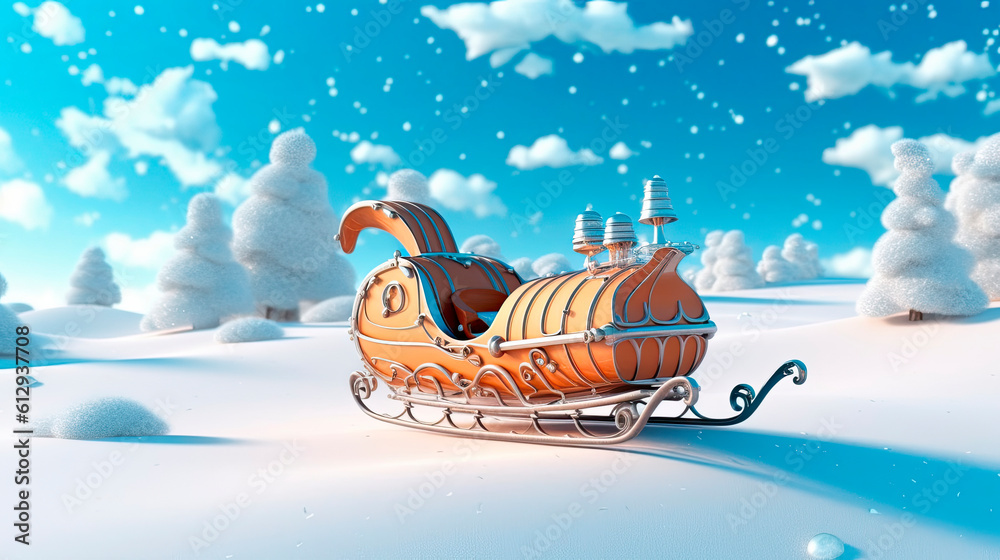 Naklejka premium Sleigh with gifts on a winter snowy background. Santa's sleigh with New Year's gifts. Delivery of Christmas gifts. New Year's card. Christmas card. Holiday delivery. Generative ai