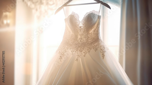 Beautiful wedding dress in decor studio with floral arrangement. Wedding photo session. Design wedding studio. Sale of wedding dresses. Generative ai.
