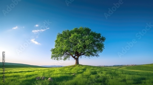 Beautiful and lonely tree on the field. AI generated.