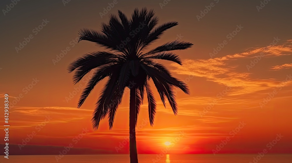 Palm tree silhouette on sunset background. AI generated.