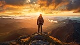 Hiker on top of the mountain on vibrant sunset background. AI generated.