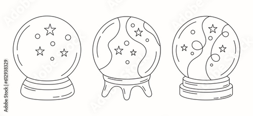 Set of magic crystal balls in linear style. Magic outline symbol isolated on white background. Vector illustration