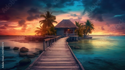 Beautifull island with house on sunset background. AI generated.