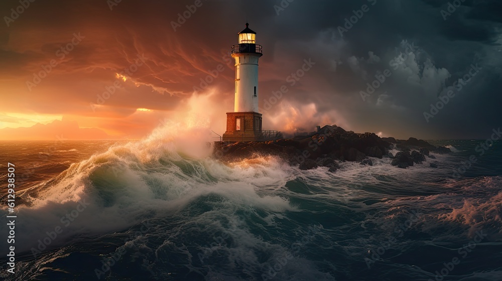 Beacon on rock. Storm at the ocean. AI generated.