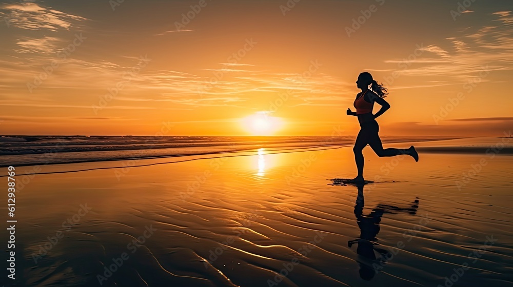 Running woman on the beach. AI generated.