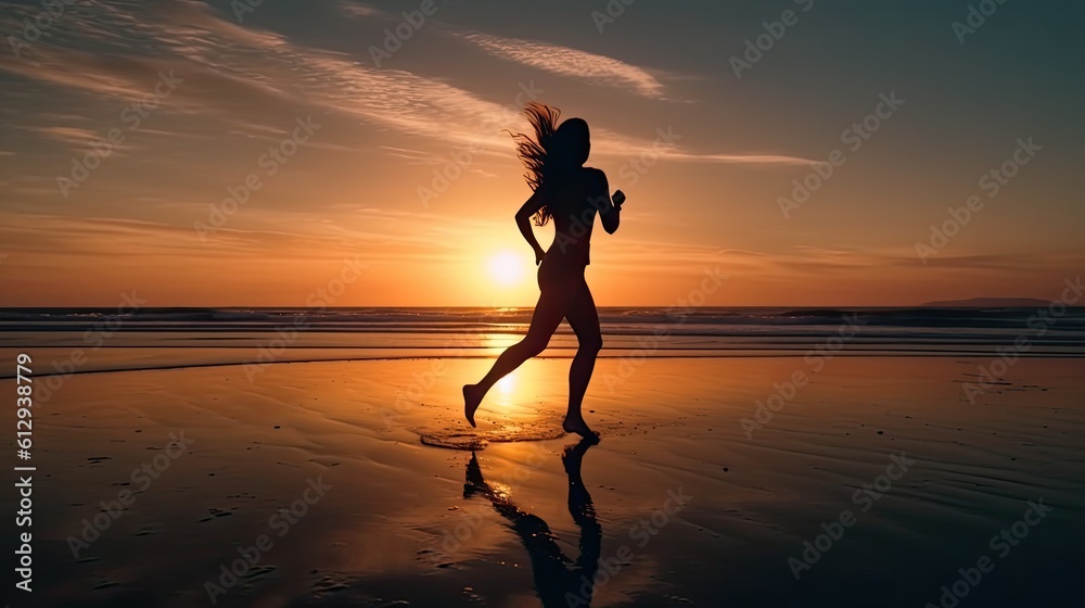 Running woman silhouette on sunset background. AI generated.
