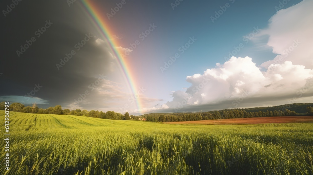 Rainbow in sky clouds over fields. AI generated. Rainbow in sky clouds over fields. AI generated.