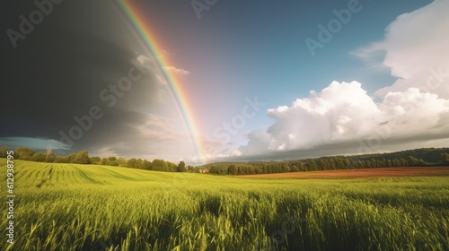 Rainbow in sky clouds over fields. AI generated.