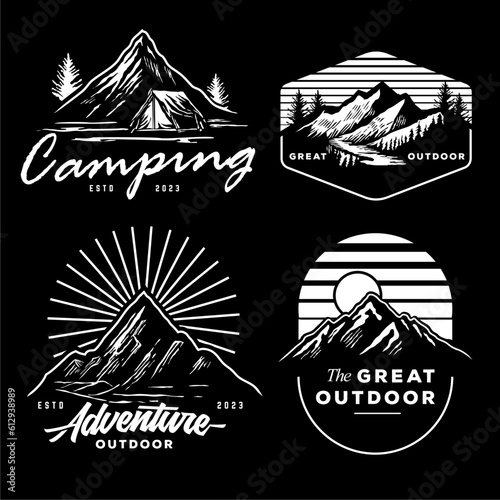 set collection of vintage adventure badge. Camping emblem logo with mountain illustration in retro hipster style.	