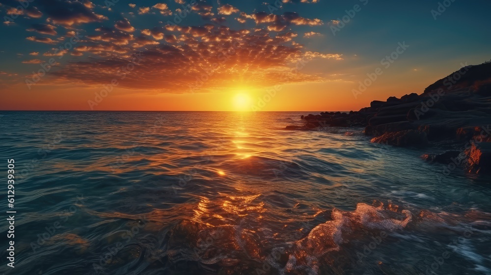 Vibrant seascape. Beautiful sunset. AI generated.