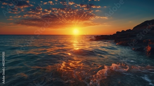 Vibrant seascape. Beautiful sunset. AI generated.