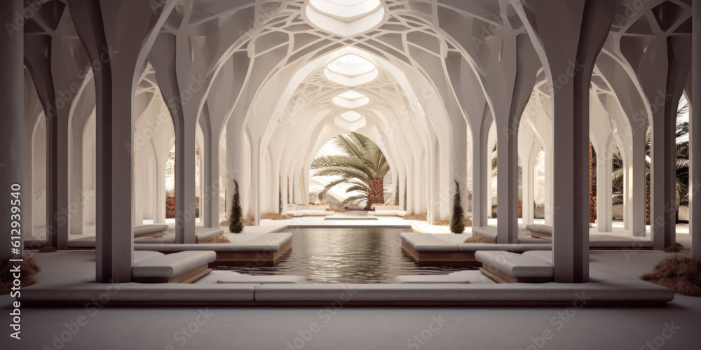Fototapeta premium Islamic architecture interior, water, mosque, palace. Generative AI