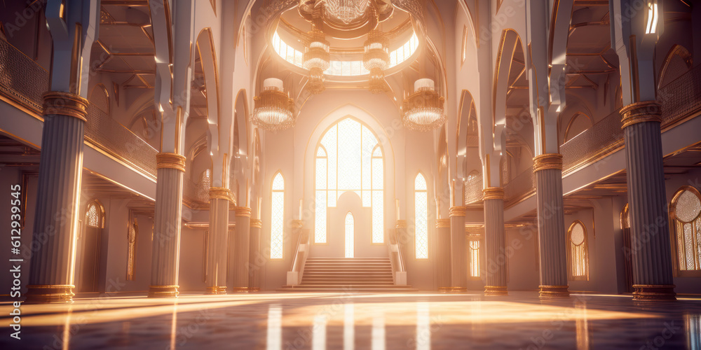 Islamic architecture interior, golden light, mosque, palace. Generative AI