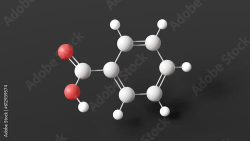 benzoic acid molecule, molecular structure, aromatic carboxylic acid, ball and stick 3d model, structural chemical formula with colored atoms