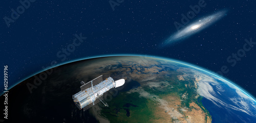 Cuadro en lienzo View of the planet Earth from space during a sunrise against The Andromeda Galax