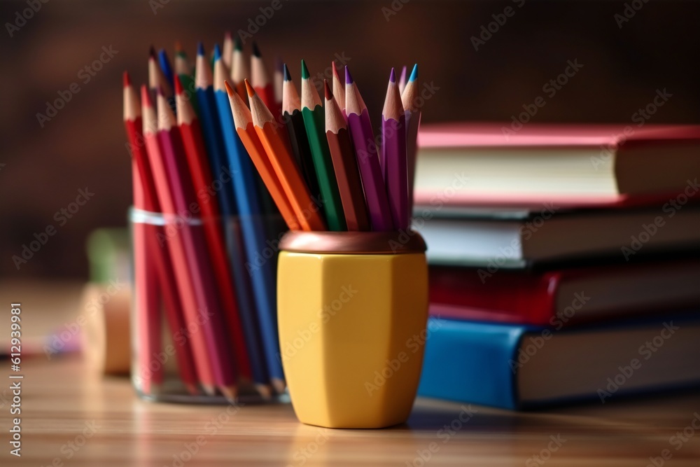 Fototapeta premium Books and pencils on the table. Generative AI