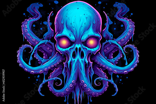 A blue violet skull with an octopus sticking. Generative AI 