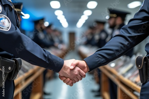 Friendly handshake of two policemen. Generative AI