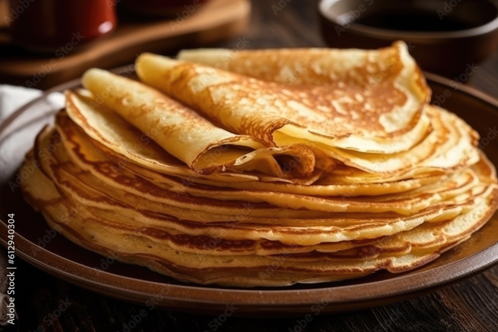 Plate with tasty thin pancakes or crepes on kitchen table, AI Generative Plate with tasty thin pancakes or crepes on kitchen table, AI Generative
