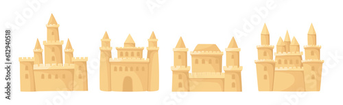 Built Sand Castle with Towers and Castellation Wall Vector Set