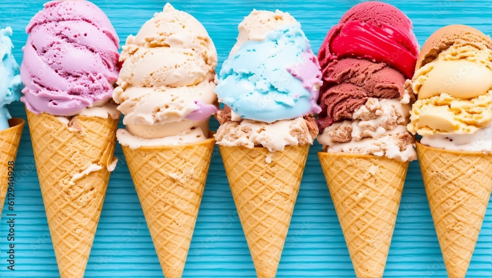 Ice cream cones in a variety of flavours, generative ai - obrazy, fototapety, plakaty 