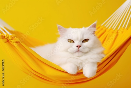 Portrait of beautiful white cat with sunglasses on yellow fabric hammock isolated on yellow background Generative AI