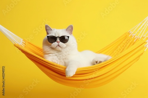 Funny white cat in sunglasses lies on a fabric hammock on a yellow background. Generative AI