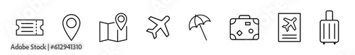 Travel, trip and tourism icon set. Vacation signs. Beach sunshade, suitcase, map, ticket, passport, plane icons