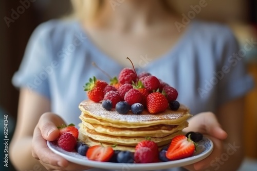 female hands holding Plate with tasty pancakes  AI Generative