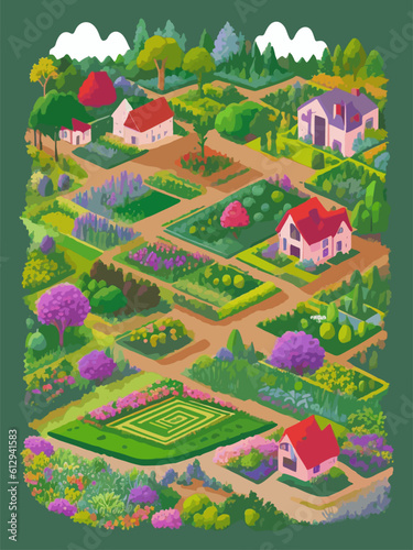 Nature, landscape and garden. Vector illustration of geometric abstract plants, trees, flowers and houses. Drawings for background, pattern or poster © Irina