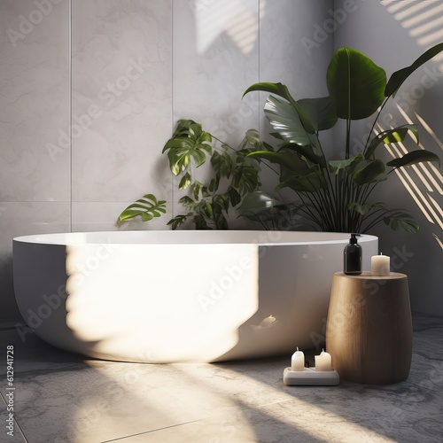 White round side table  bathtub  counter  and tropical plant in modern and luxury bedroom with sunlight and leaf shadow on granite tile wall for personal care and toiletries   ai genarated   