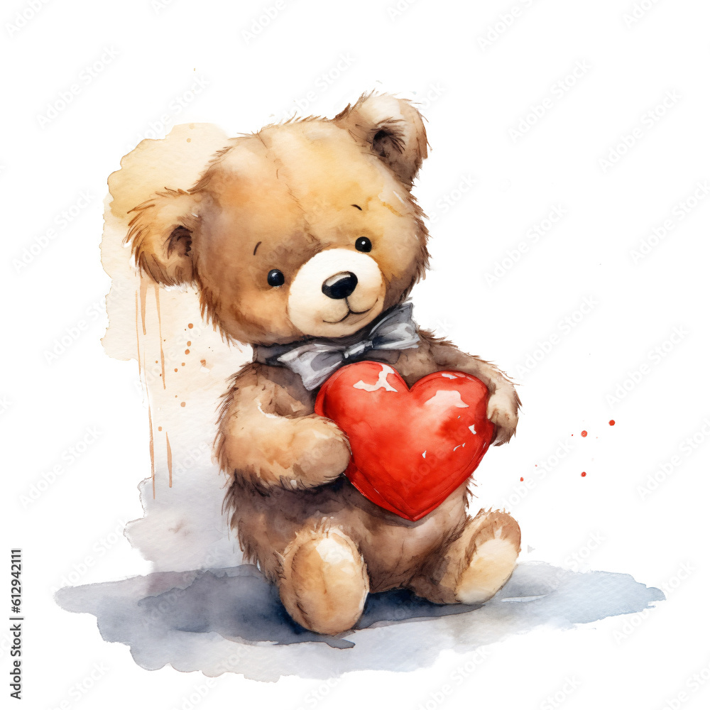 cute teddy bear cuddling a big red heart in watercolor design isolated ...