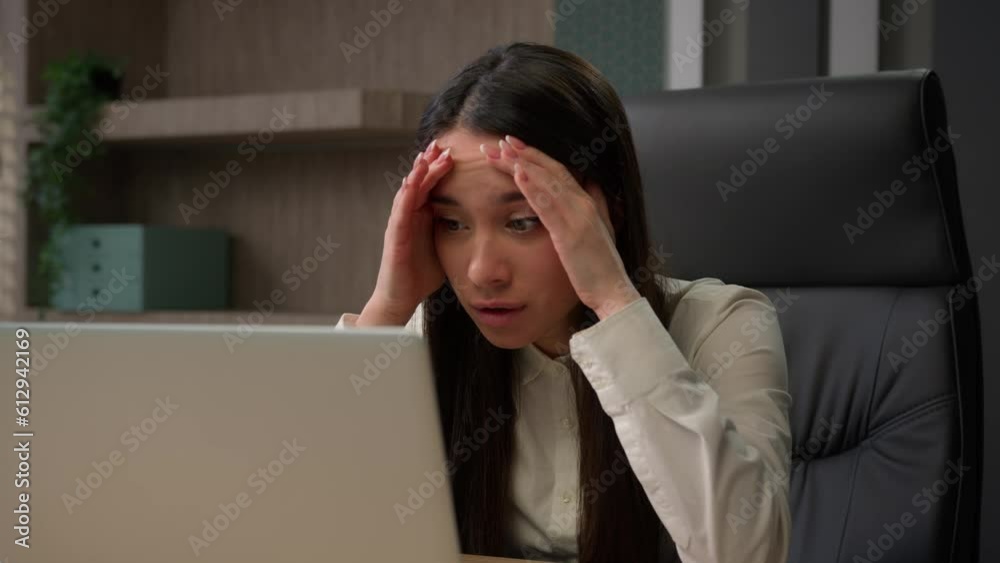 Caucasian upset woman close face with hands laptop business problem office sad businesswoman failure with computer fail lost bad news girl worried anxious project mistake trouble bank debt bankruptcy Caucasian upset woman close face with hands laptop business problem office sad businesswoman failure with computer fail lost bad news girl worried anxious project mistake trouble bank debt bankruptcy