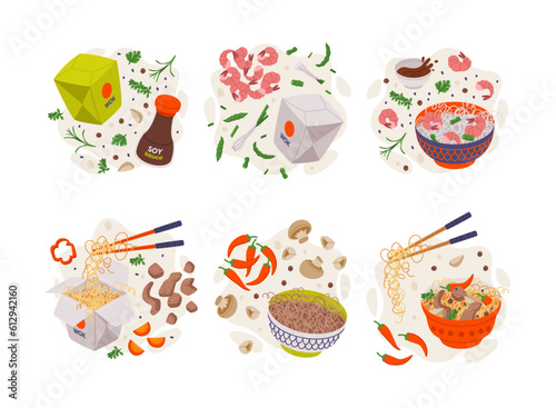 Wok Ingredients and Asian Food with Noodles in Carton Box Vector Composition Set