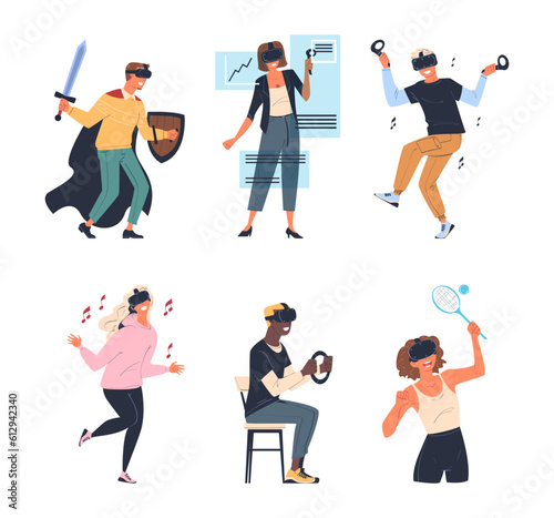 Man and Woman Wearing Virtual Reality Headset Immersed in Abstract VR World Vector Set