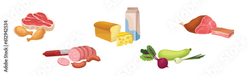 Different Food with Meat, Bread, Milk and Vegetables Vector Set