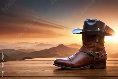 Cowboy shoes with hat on top, created with Generative AI technology