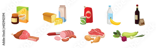 Different Food with Meat, Vegetables, Ketchup, Water Bottle, Wine, Cereal Package and Chocolate Paste Vector Set