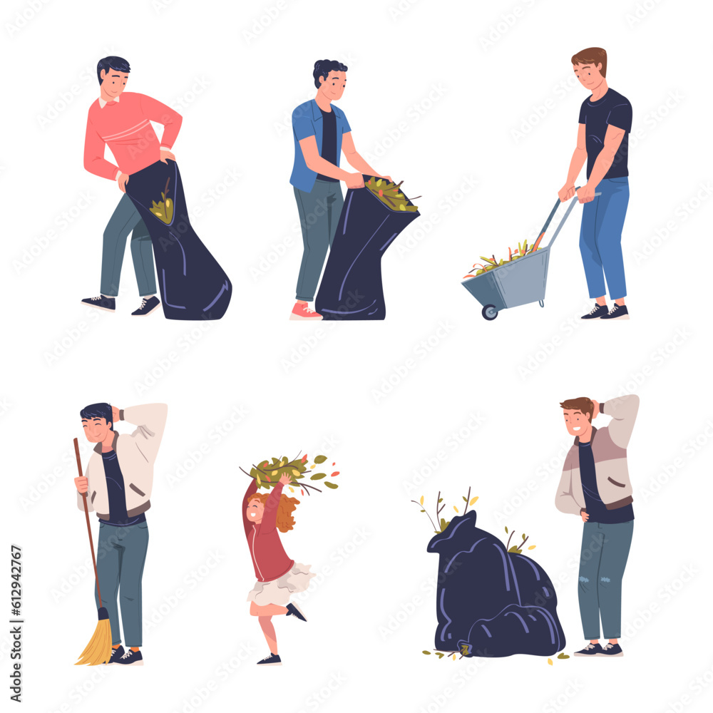 People Volunteers Cleaning Picking up Garbage and Foliage in Bag Vector Set